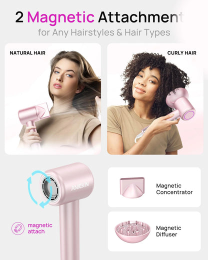 Hair Dryer, High-Speed Ionic Low Noise Blow Dryer with Brushless Motor for Fast Drying, Thermo-Control Quiet Compact Hair Blow Dryer with Magnetic Diffuser for Curly Hair for Home Travel Salon